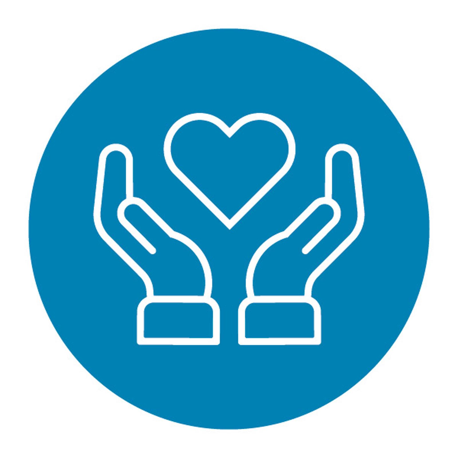 A blue circular sticker with two hands holding a heart shape